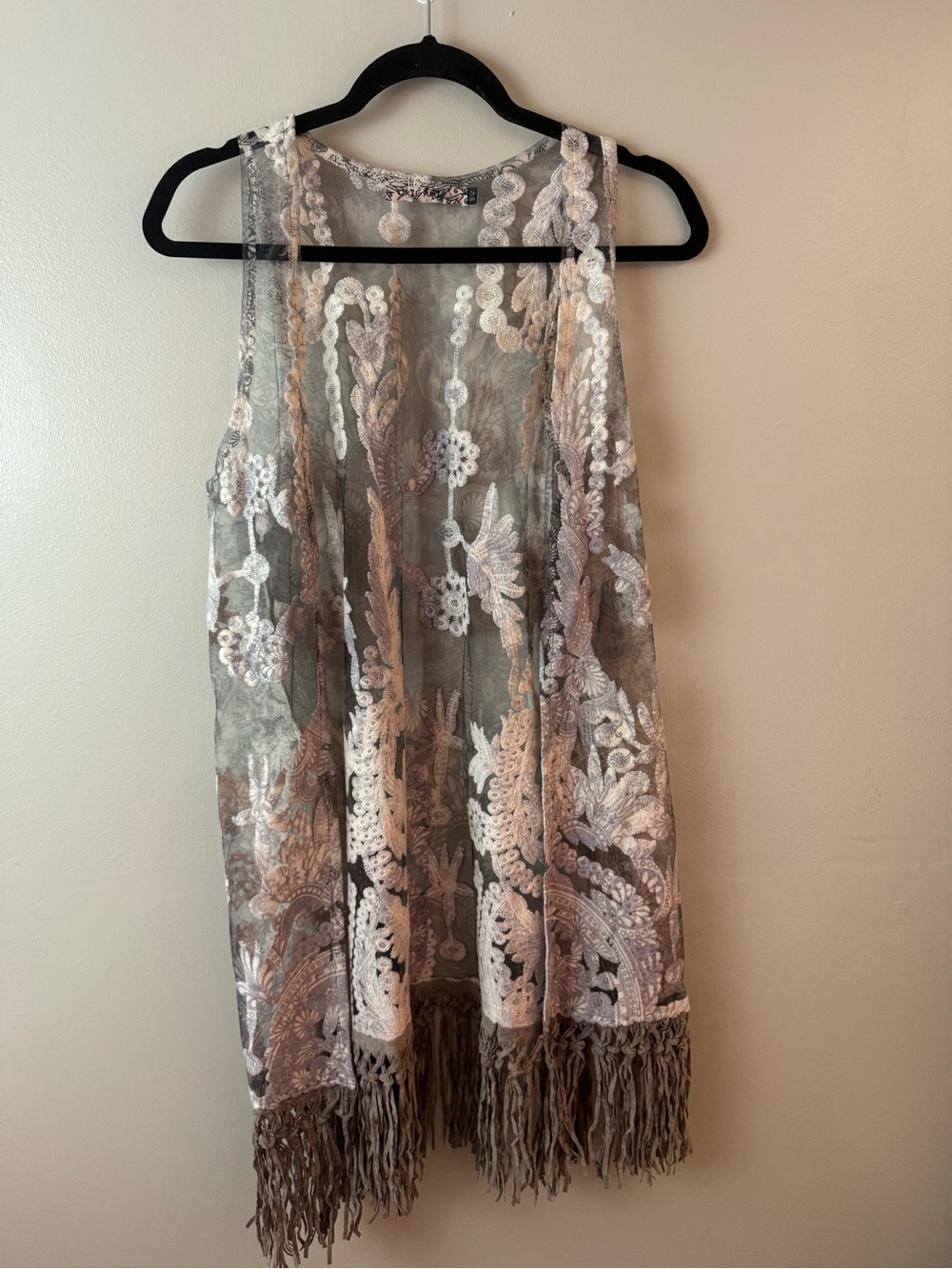 Original Sheer Lace Embroidered Fringe Vest S/M
